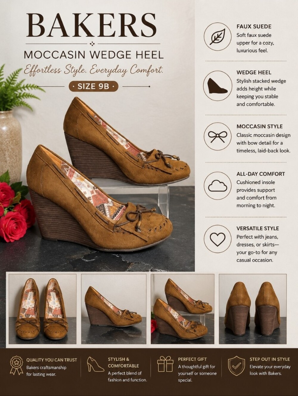 BAKERS Moccasin Wedge Heel Faux Suede Brown 9B